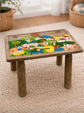 Hand Painted Folk Art Wood Stool La Palma El Salvador Milking Stool Handmade